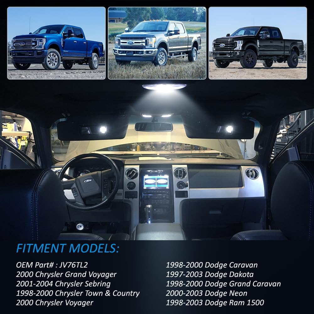 LED Interior Dome Light for 1998-2003 Dodge Ram 1500 Dakota Neon Caravan Chrysler Sebring Town & Country: 6000K White Dome Lamp Kit, Roof Map Dome Light Cover Lens Overhead with White LED PCB, 1 Set