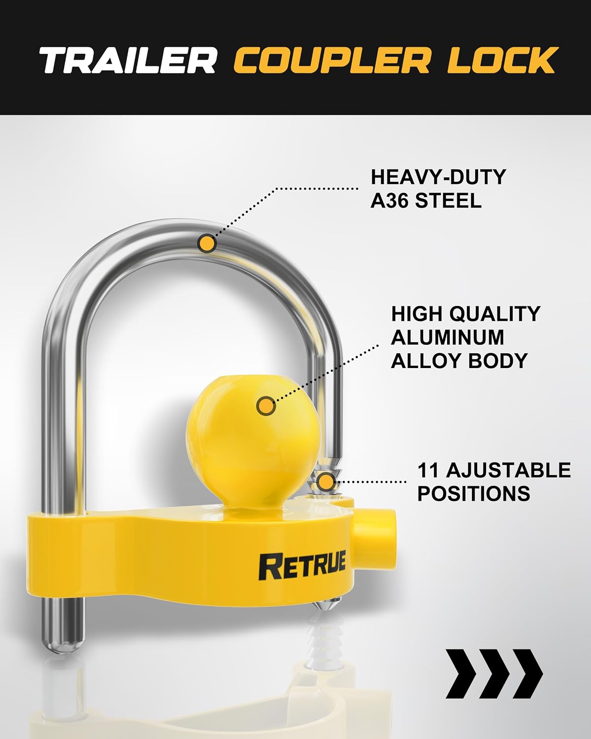 RETRUE Universal Coupler Lock Trailer Locks Ball Hitch Trailer Hitch Lock Adjustable Security Heavy-Duty Steel Fits 1-7/8 Inch, 2 Inch, 2-5/16 Inch Couplers, Bright Yellow, Light Weight
