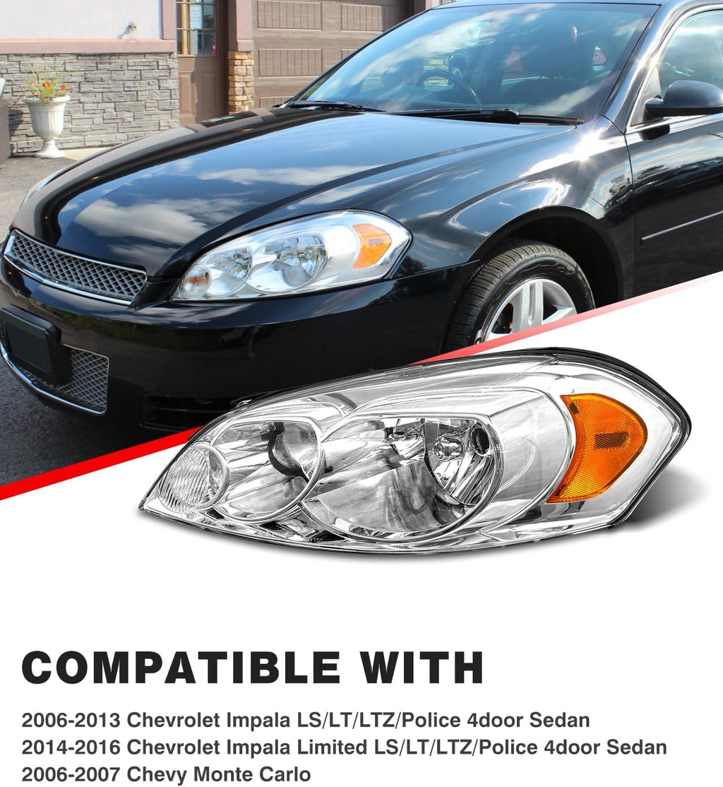 for 2006-2013 Chevy Impala 2006-2007 Chevy Monte Carlo Headlight Assembly Compatible with 2014-2016 Chevy Impala Limited Headlamp Chrome Housing Amber Reflector Replacement Pairs Bulbs Not Included