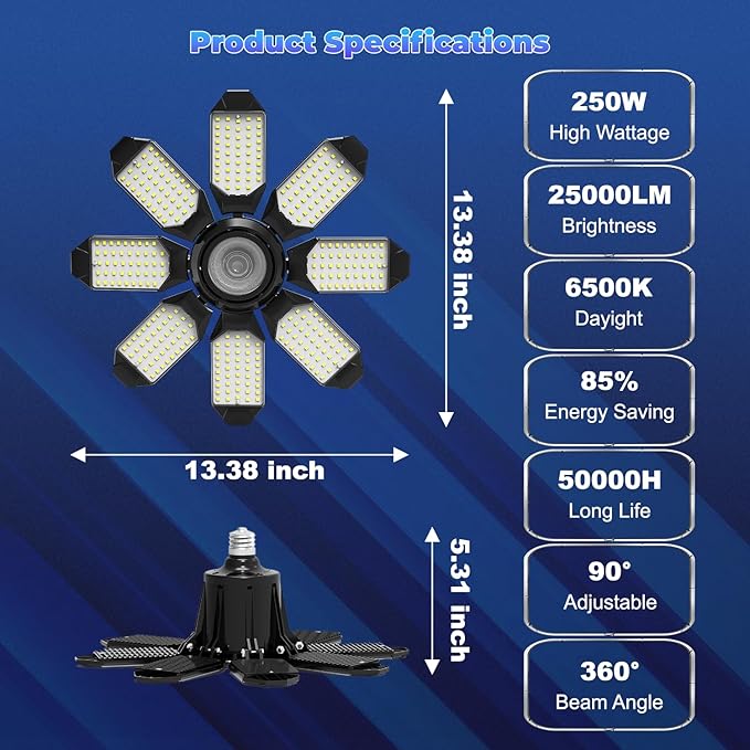 Garage Lights - Super Bright 250W LED Garage Ceiling Light w/ 8 Deformable - Image 8