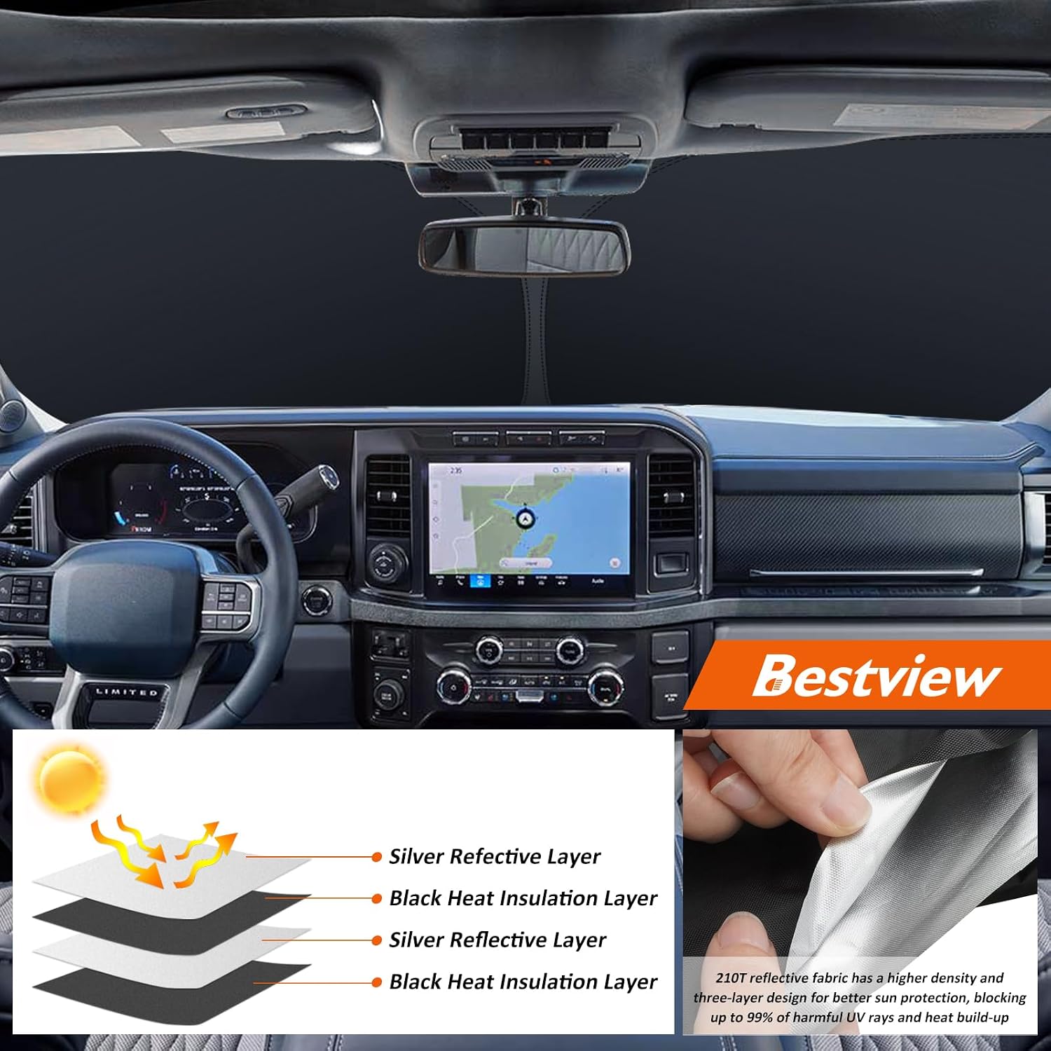 Bestview American Flag Windshield Sunshade for 2017-2025 Ford F250 F350 F450 F550,Custom Fit Foldable Front Window Sunshade Sun Visor Accessories Protector Block UV Rays Heat, Keep Your Car Cooler