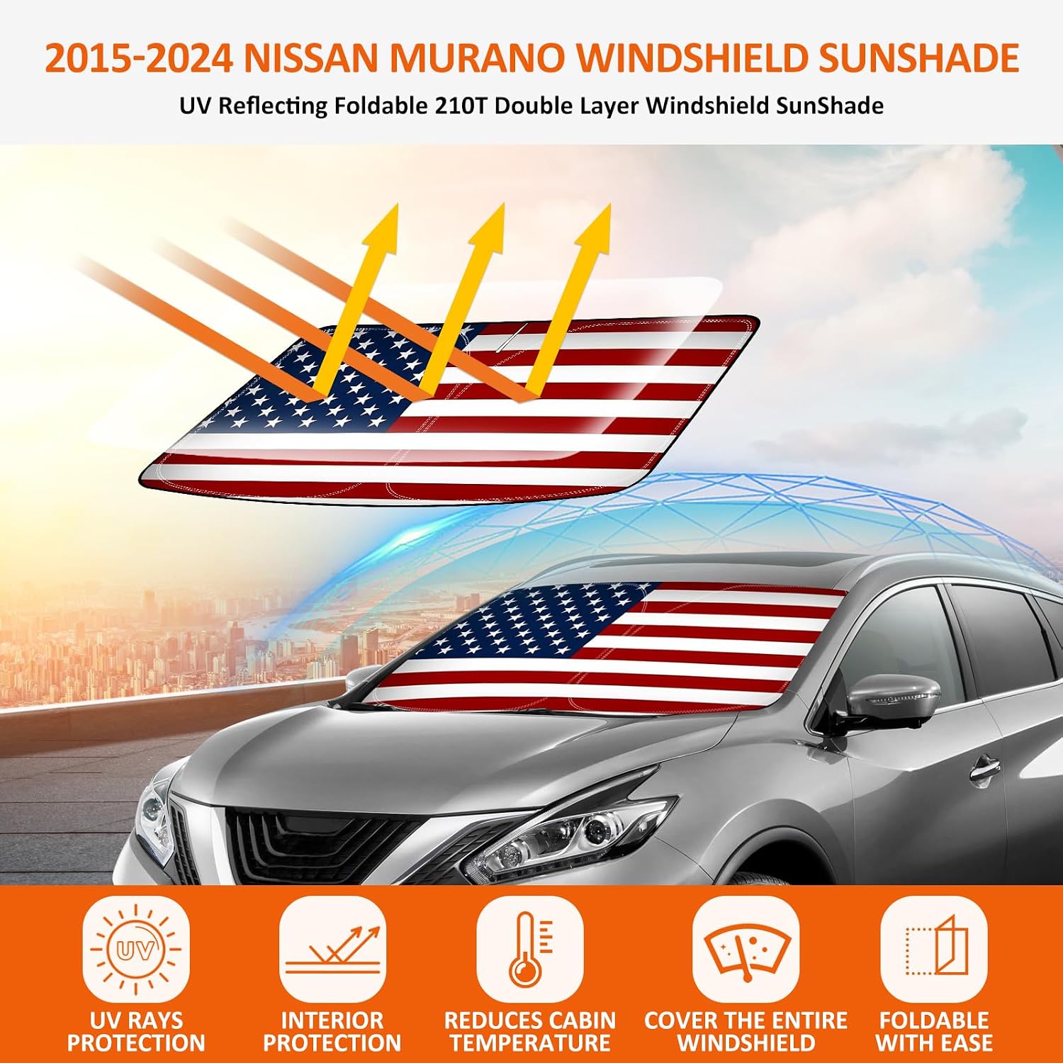 Bestview American Flag Windshield Sunshade for 2015-2024 Nissan Murano,Custom Fit Foldable Front Window Sunshade Sun Visor Accessories Protector Block UV Rays Heat, Keep Your Car Cooler