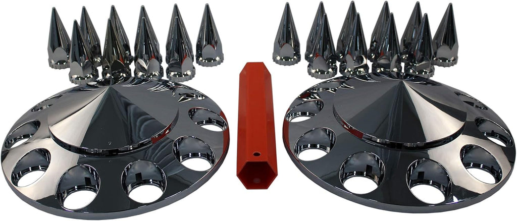 MRJLK Chrome ABS Complete Axle Cover Set with Hub Caps and 33mm Screw-On Spiked Lug Nut Covers for Semi Trucks (2 Front)