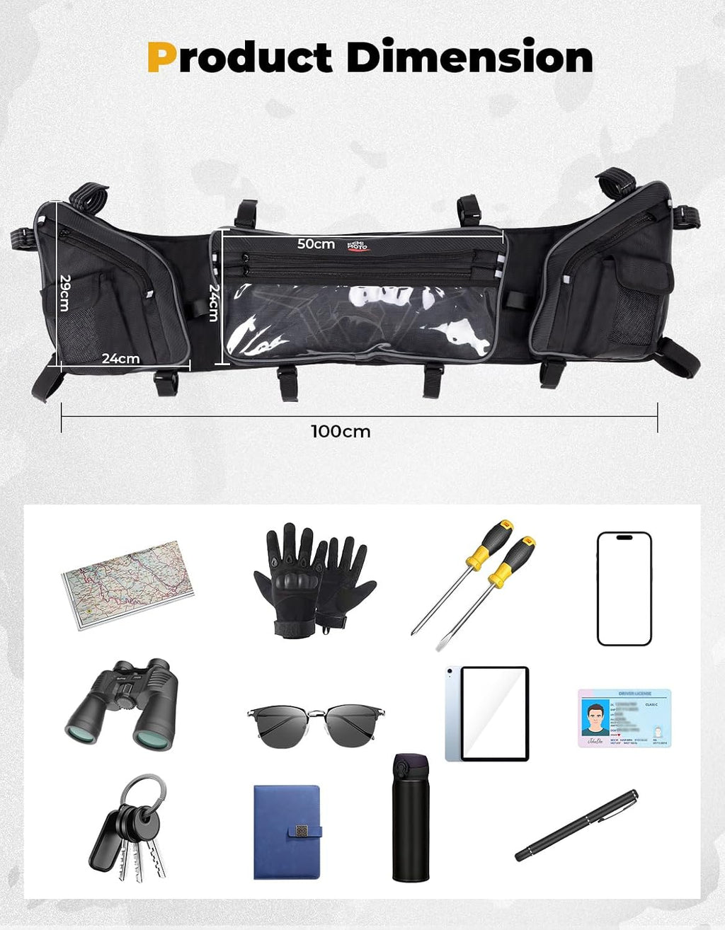 KEMIMOTO UTV Roof Bag Compatible with 2024-2026 Polaris RZR XP1000/XP4 1000 | Large Capacity, 1680D, Water-resistant, Touch Screen Clear Pocket, Multiple Categorized Pockets