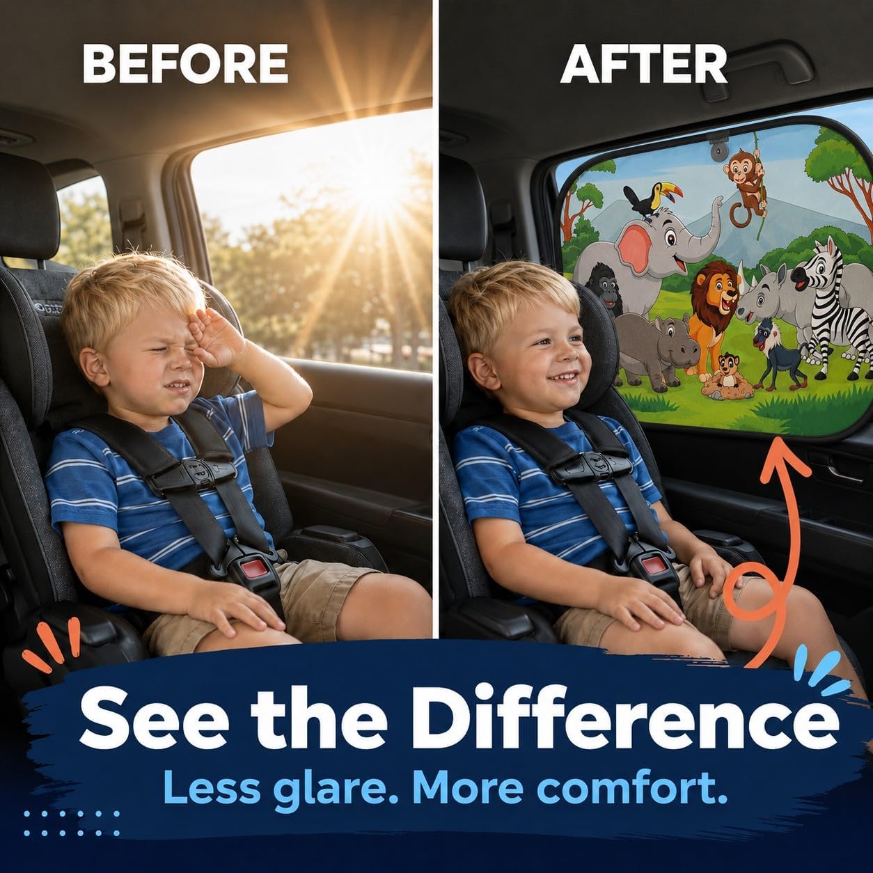 Car Window Shade for Baby Kids, 2 Pack Cartoon Animal Side Window Sun Shades, UV Protection Baby Car Window Shades for Sun Glare, Heat & Travel Comfort (Safari)