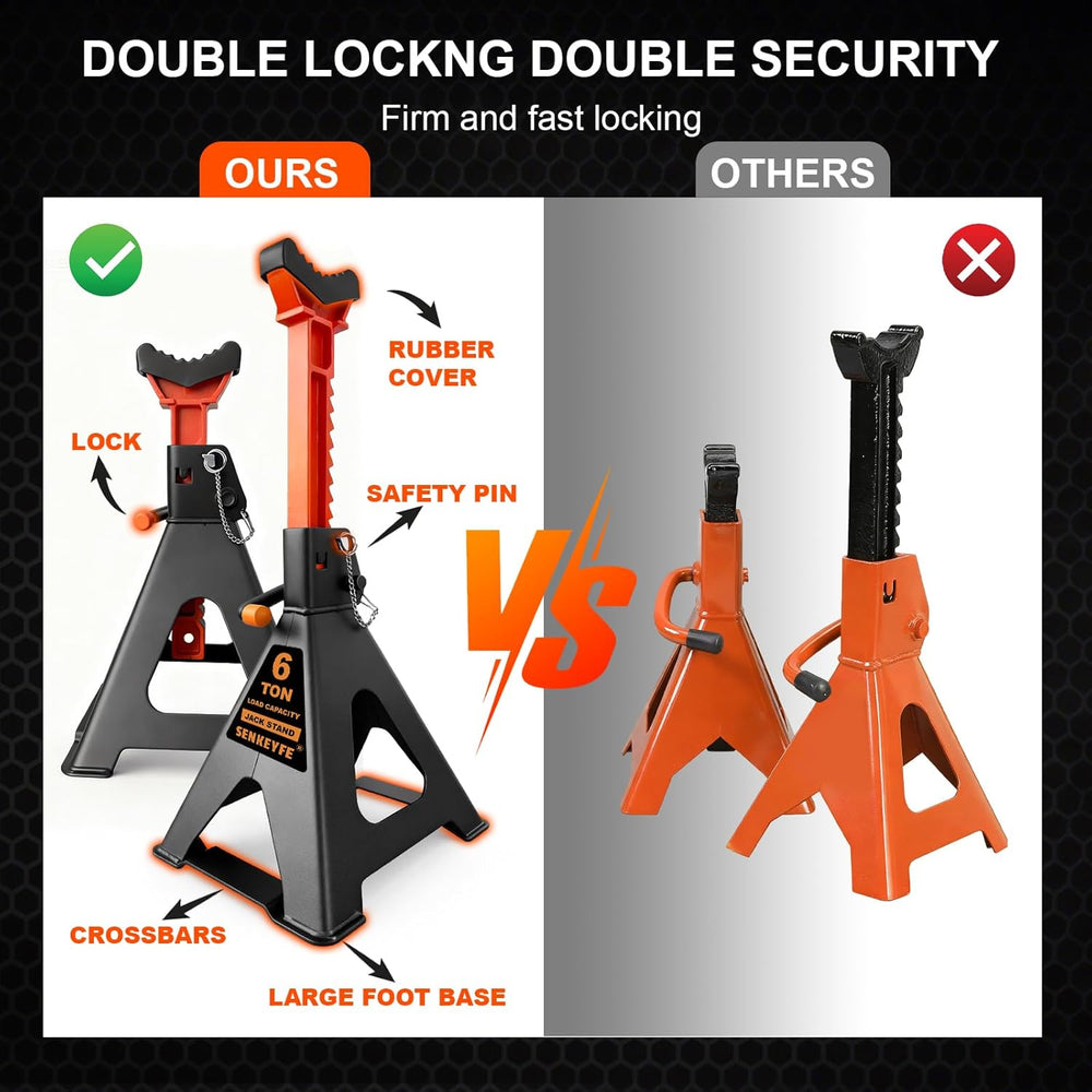 6 Ton (13,200 LBs) Jack Stands with Crossbars,Double Pin Locking,Rubber Cover...