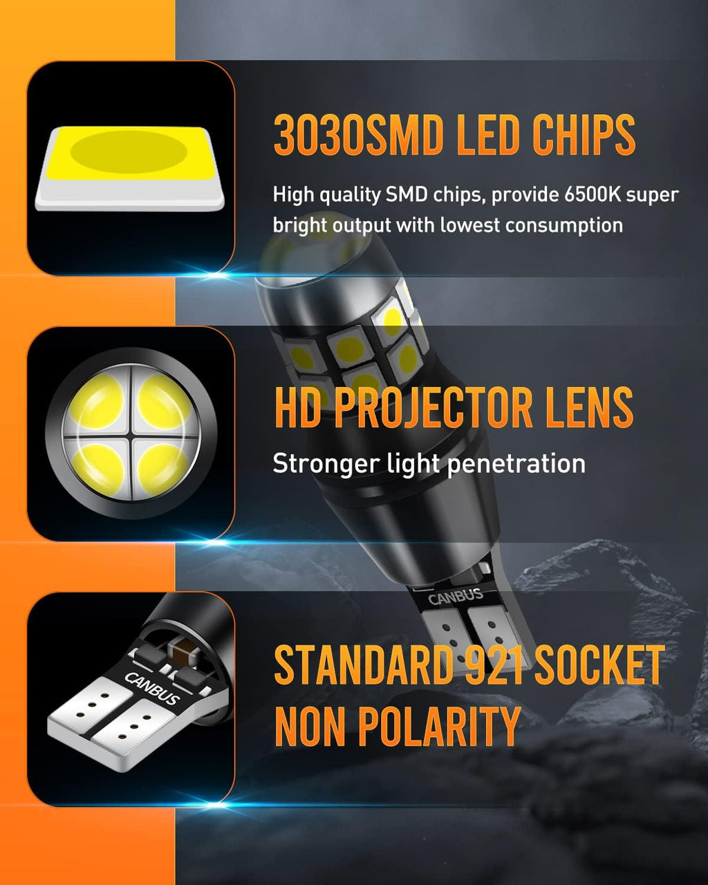 912 921 LED Bulbs Reverse Lights Xenon White 2200 Lumens Extremely Bright Canbus Error Free W16W T15 906 3030 20-EX Chipsets with Lens for Tail Backup Lights, Pack of 2