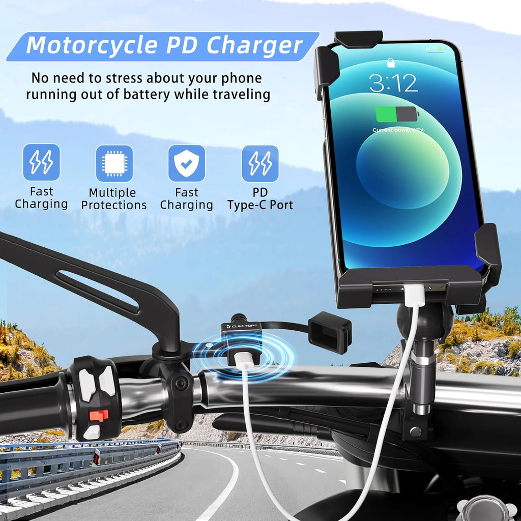 Cliff Top Waterproof Motorcycle USB Charger, 18W PD, SAE, 10mm Mirror Mount | Waterproof cap, Type-C quick charge, SAE to USB-C connector, 10mm rearview mirror mount, motorbike phone/GPS charging