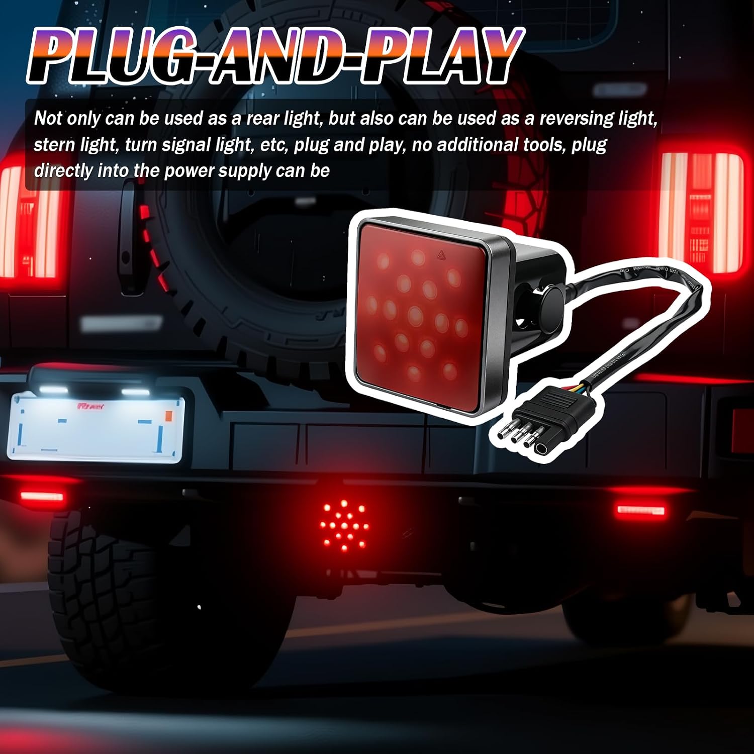 12V Trailer Hitch Light,Square 2" Receiver Tow Hitch Light with 4-pin Adapter & 15 LED Beads for Warning Purposes,Waterproof & High Brightness Red Trailer Hitches Brake Lights