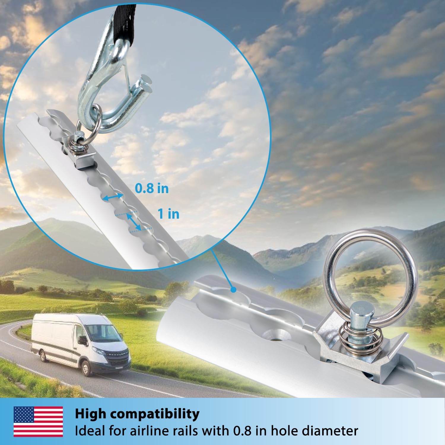 valonic Gecko - Single Stud Fitting for L Track, 8 Pieces, 1000 daN, Stainless Steel roundring, for Rail System, Lashing Accessories for tie tie Downs for Truck Bed