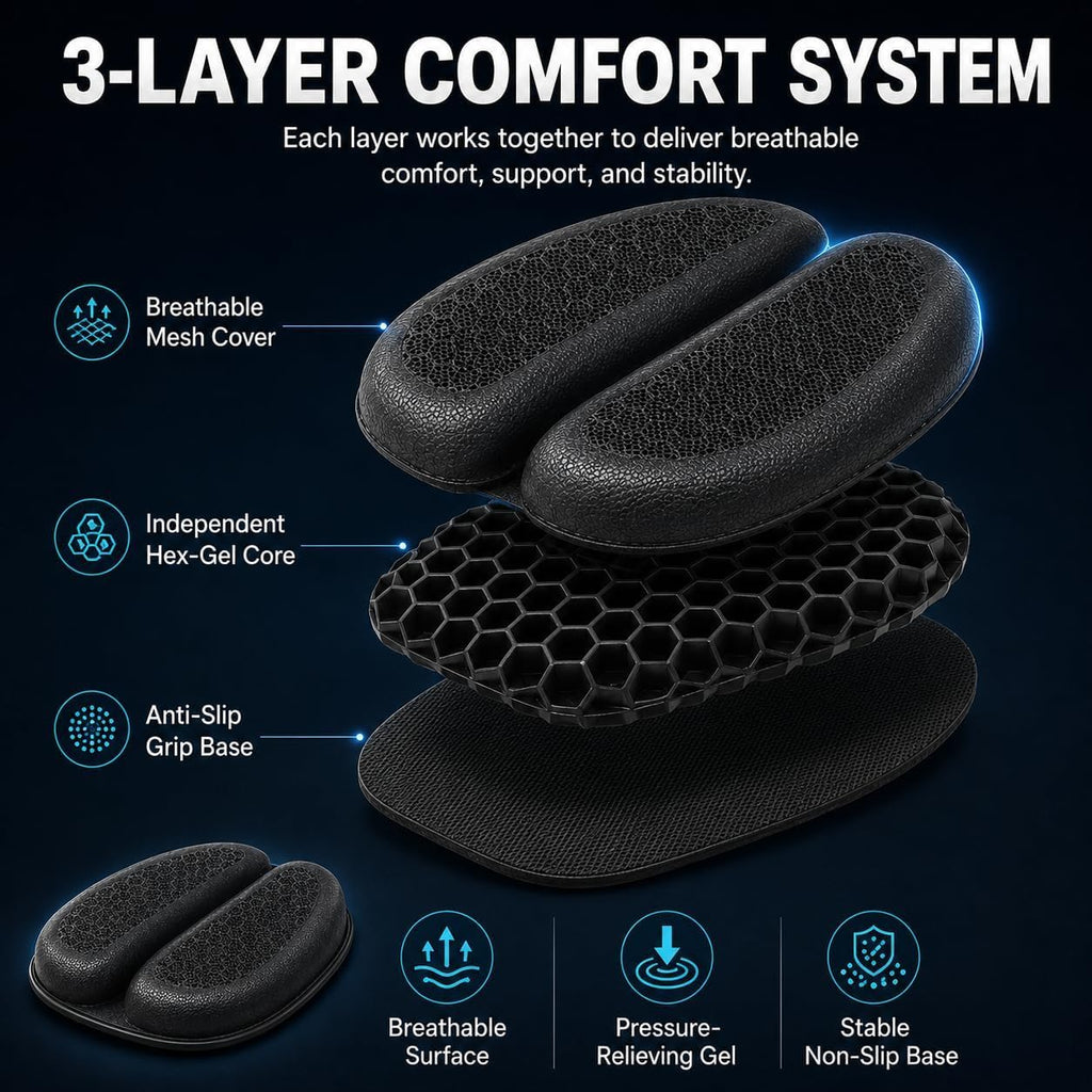 Hexrider Motorcycle Seat Cushion, 3D Honeycomb Gel Motor Seat Pad for Long Rides, Ergonomic Shock Absorption TPE Rider Cushion, Universal Non-Slip Breathable Cruiser Touring Seat Cover