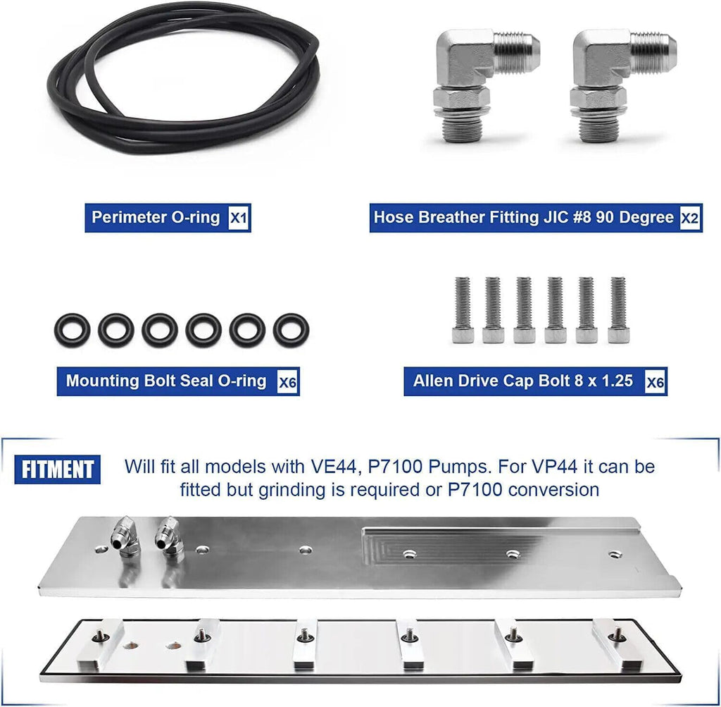 Billet Aluminum Tappet Cover & Fitting Kit Replacement for 1989-2002 Cummins Turbo Diesel 5.9L 12v 24v Dual Port Ram VE44 P7100 Pumps (Silver)