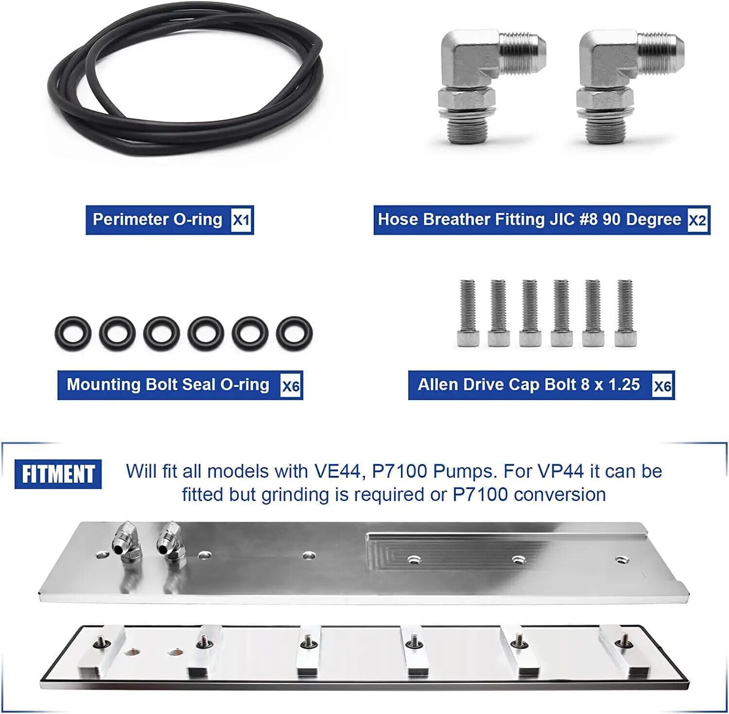 Billet Aluminum Tappet Cover & Fitting Kit Replacement for 1989-2002 Cummins Turbo Diesel 5.9L 12v 24v Dual Port Ram VE44 P7100 Pumps (Silver)