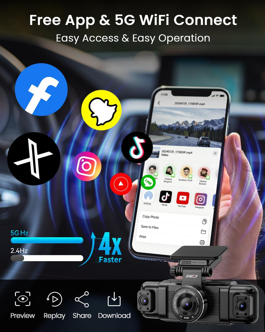 iiwey n5 4 channel dash cam for cars, package contents