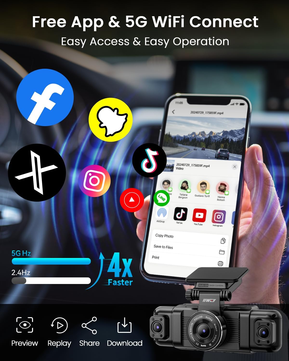 iiwey n5 4 channel dash cam for cars, package contents