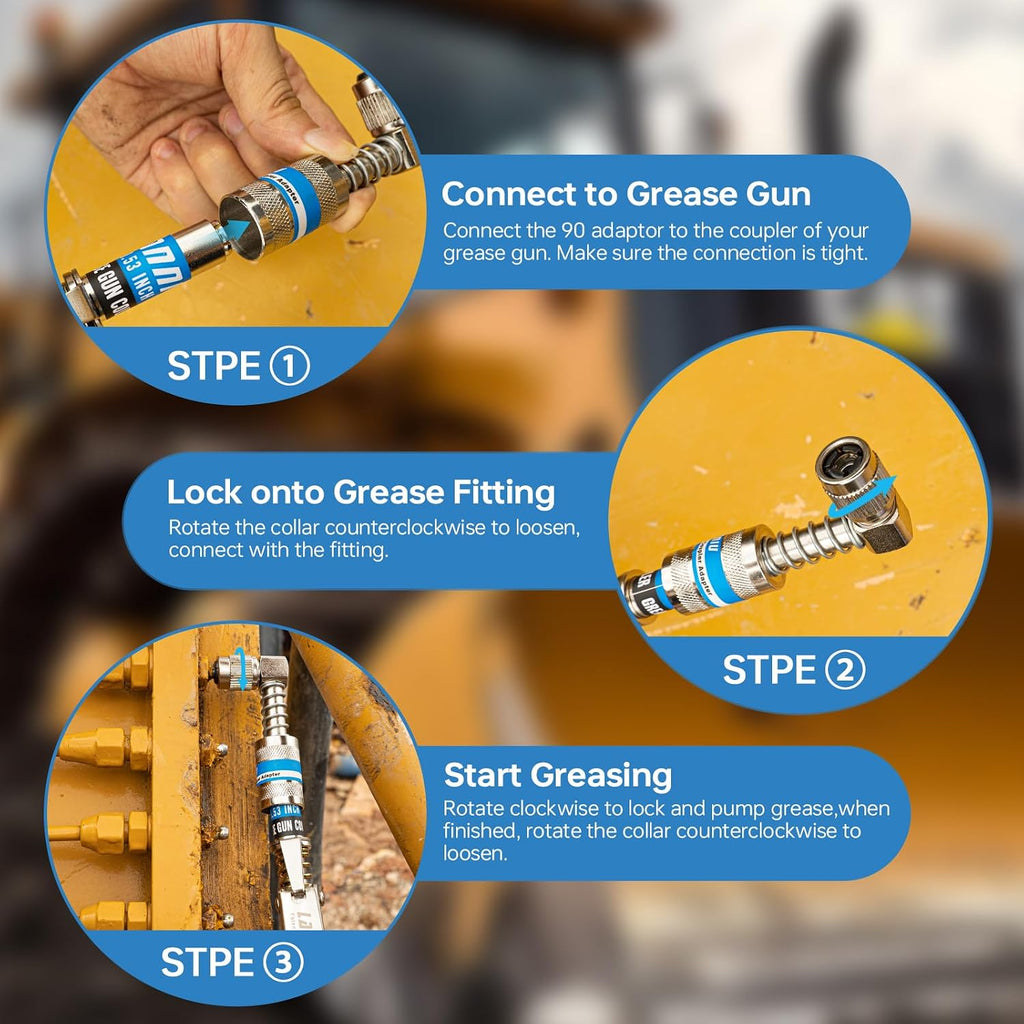 90 Degree Grease Gun Coupler, Heavy Duty Locking Grease Gun Adapter | 10,000 PSI High Pressure Right Angel Grease Gun Tips for Tight Spaces, Quick Release Lock, Upgraded 4-Jaw Design