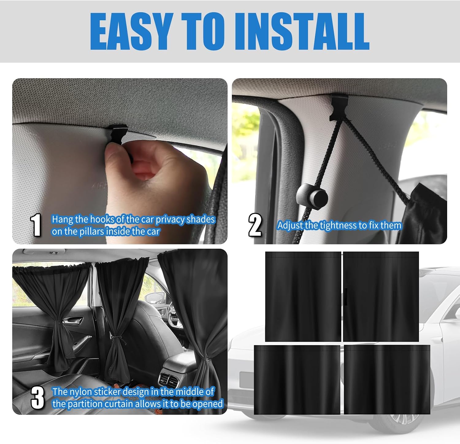 3PCS Extra Large Car Privacy Curtains,Black Coated Rear Car Window Shades & Divider Curtain Lower Interior Temperature and Provide Privacy,Portable Cars Window Curtains