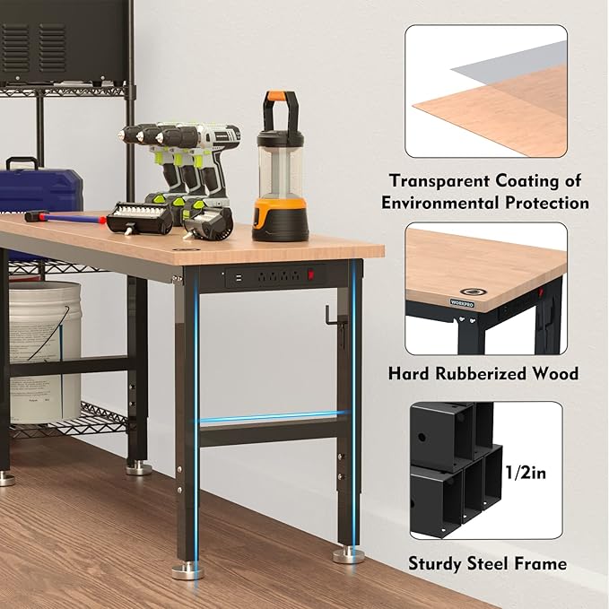 WORKPRO 60" Adjustable Workbench, Rubber Wood Top Heavy-Duty Workstation - Image 5