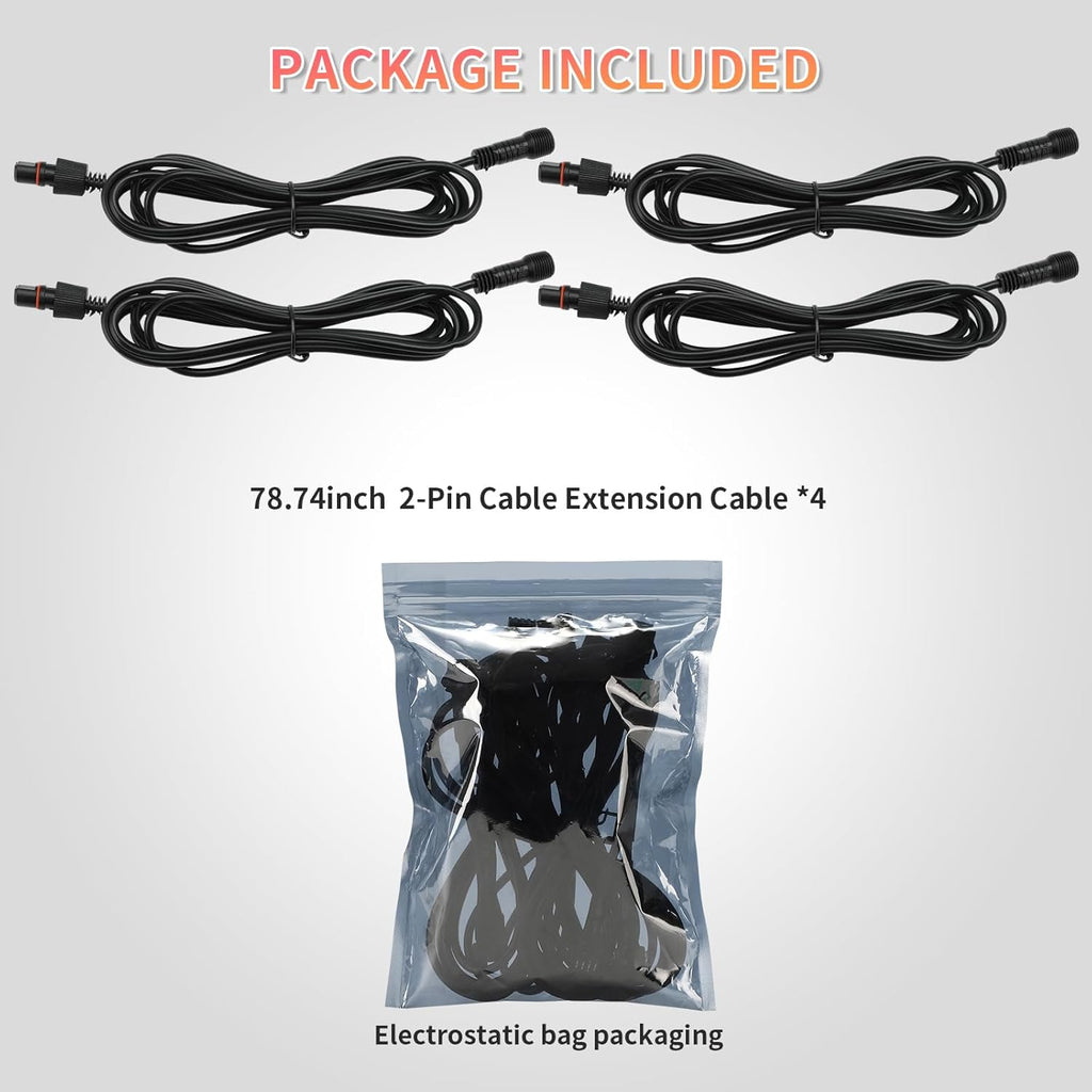 4PCS 78 inch/6.56FT 2-Pin Metal White LED Rock Lights Extension Cable Wire Cord Set, Underglow Lights IP68 Waterproof Neon Light for Trucks Jeep Golf Carts SXS UTV ATV Car RV