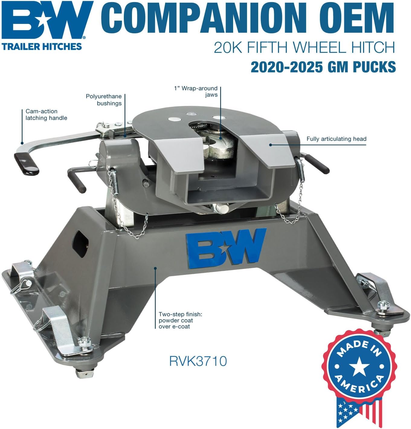 B&W Trailer Hitches 20K Companion OEM Fifth Wheel Hitch - Compatible with 2020-2026 Chevrolet/GM OEM Puck System - RVK3710