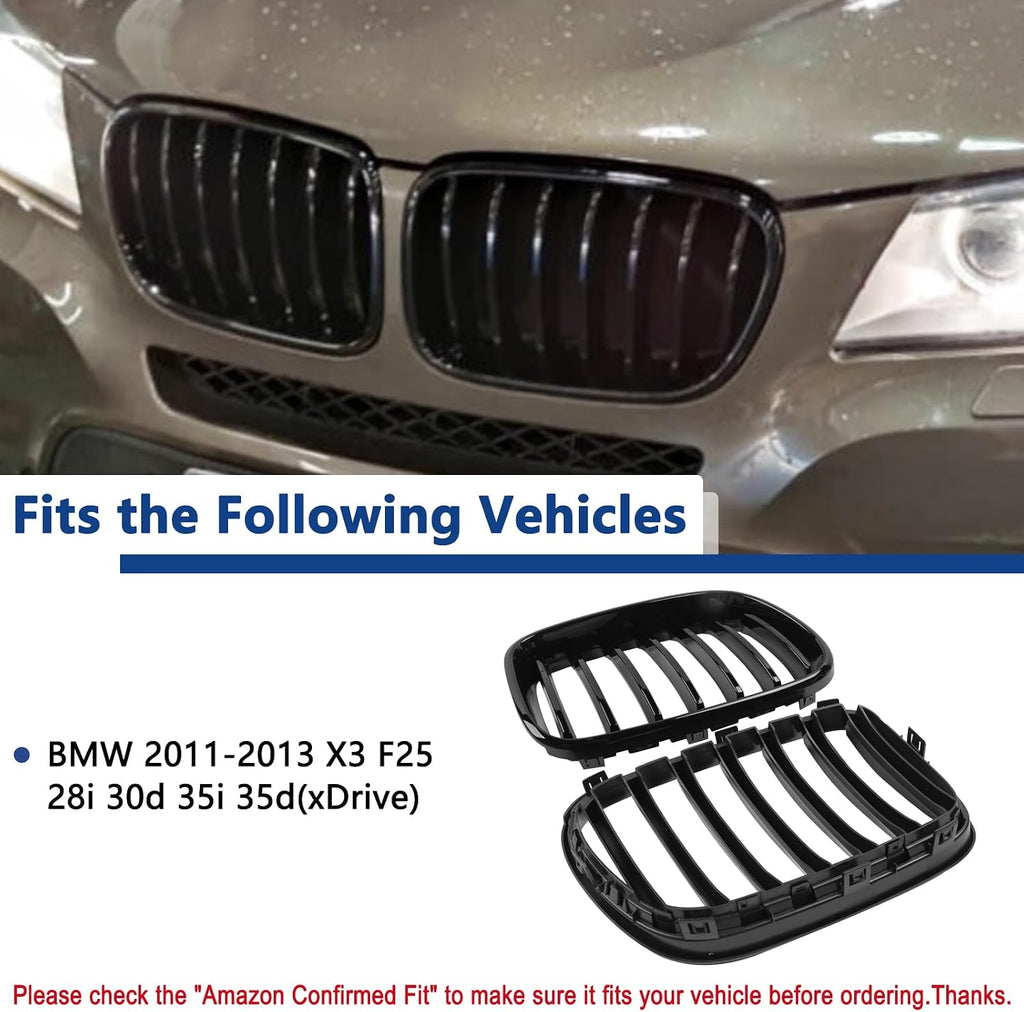 F25 Grill, Single Slat Gloss Black Kidney Grille,ABS Plastic,2pcs | Direct Snap-on Replacement,Sporty Style Upgrade,Compatible with BMW 2011-2013 X3 F25 28i 30d 35i 35d (xDrive)