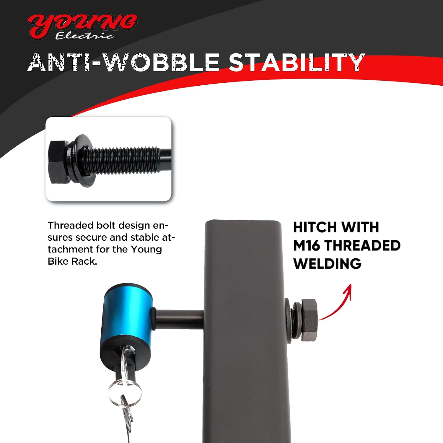Young Electric M16 Anti-Rattle Lock Hitch Pin for Hitch, Blue, Compatible with Young OutfitR Bike Racks 200LBS Capacity Models.