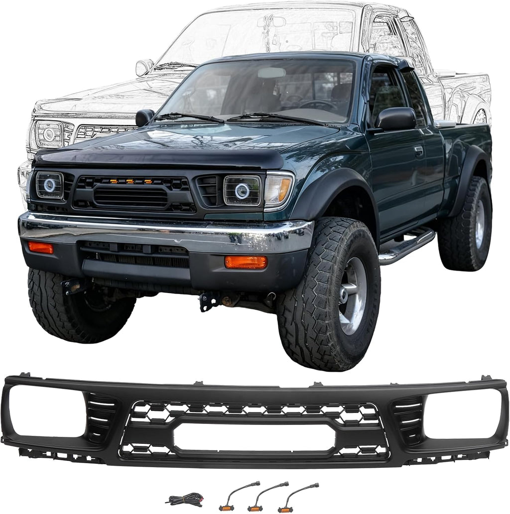 Grille Assembly Compatible with 1995-1997 Tacoma Base & DLX & SR5 Extended Cab Pickup 2-Door/Base & DLX Standard Cab Pickup 2-Door, Front Upper Grill with Lights&Letters Matte Black Molding