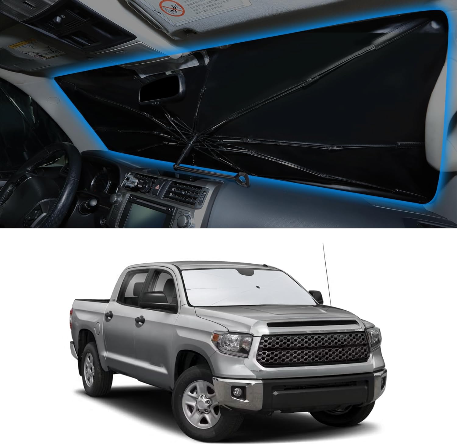 Windshield Sun Shade Umbrella Accessories Compatible with 2007 2008 2009 2010-2026 Tundra for Toyota Foldable Sunshade Sun Visor Blocks UV