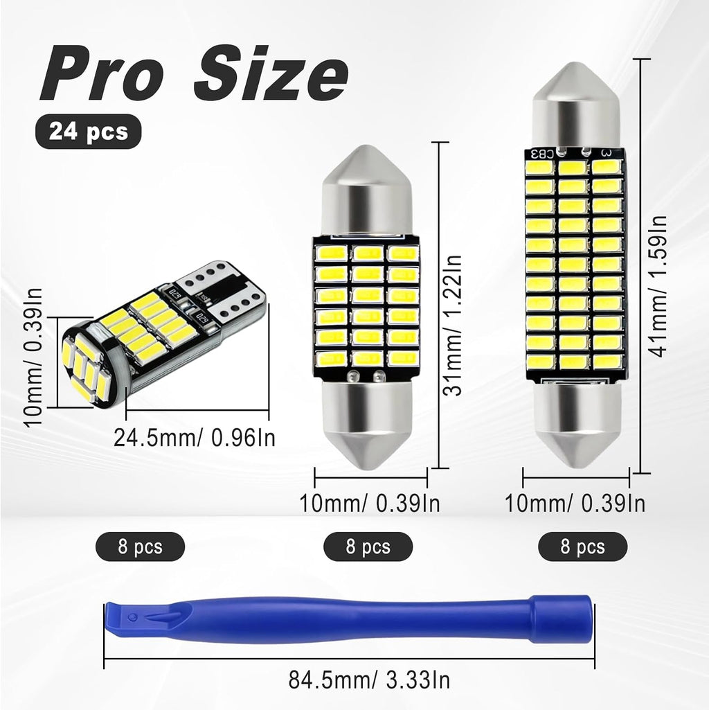 24 PCS Car LED Lights Interior Kit, T10 31mm 41mm LED Dome Lights Interior Replacement for Car Map, License Plate, Door, Side Marker, Cornering & Trunk Bulbs (Cool White)