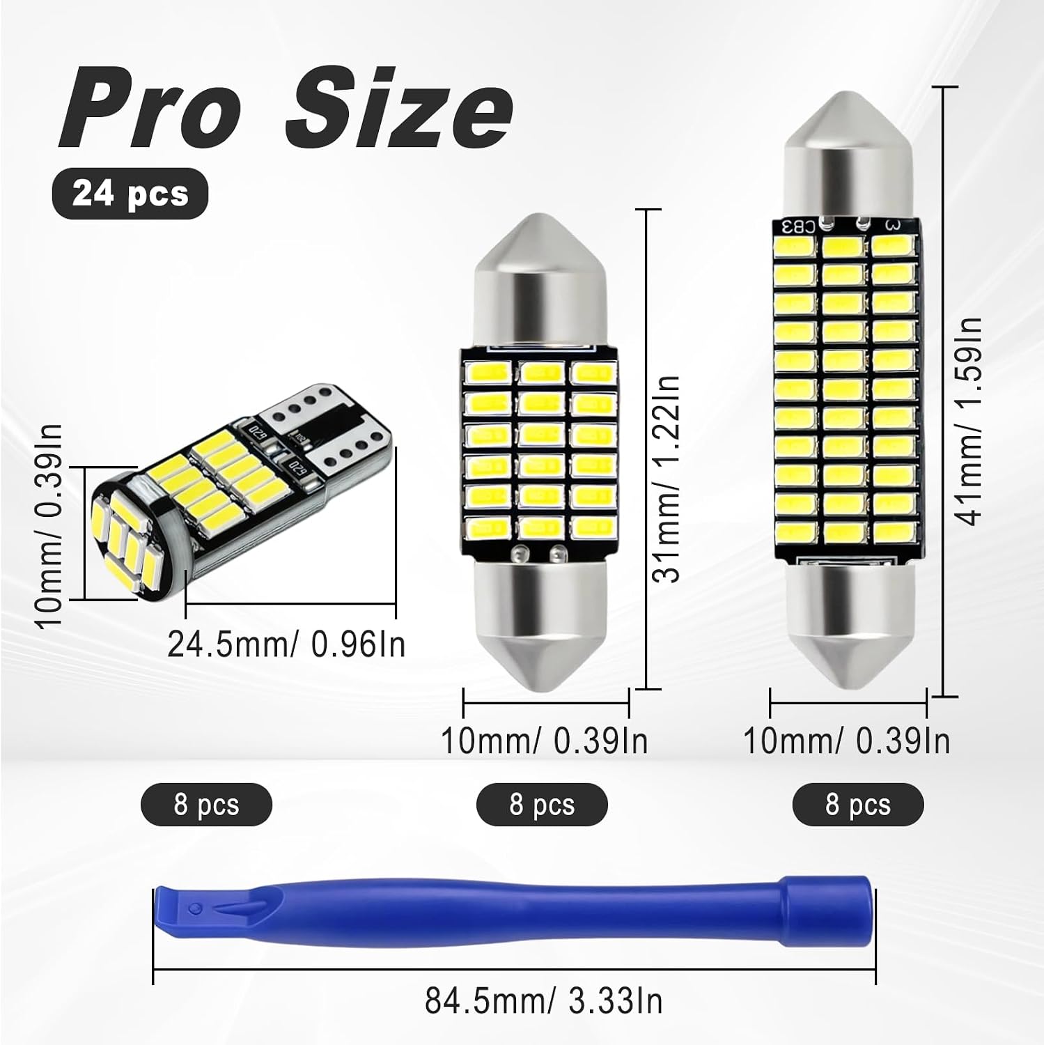24 PCS Car LED Lights Interior Kit, T10 31mm 41mm LED Dome Lights Interior Replacement for Car Map, License Plate, Door, Side Marker, Cornering & Trunk Bulbs (Cool White)