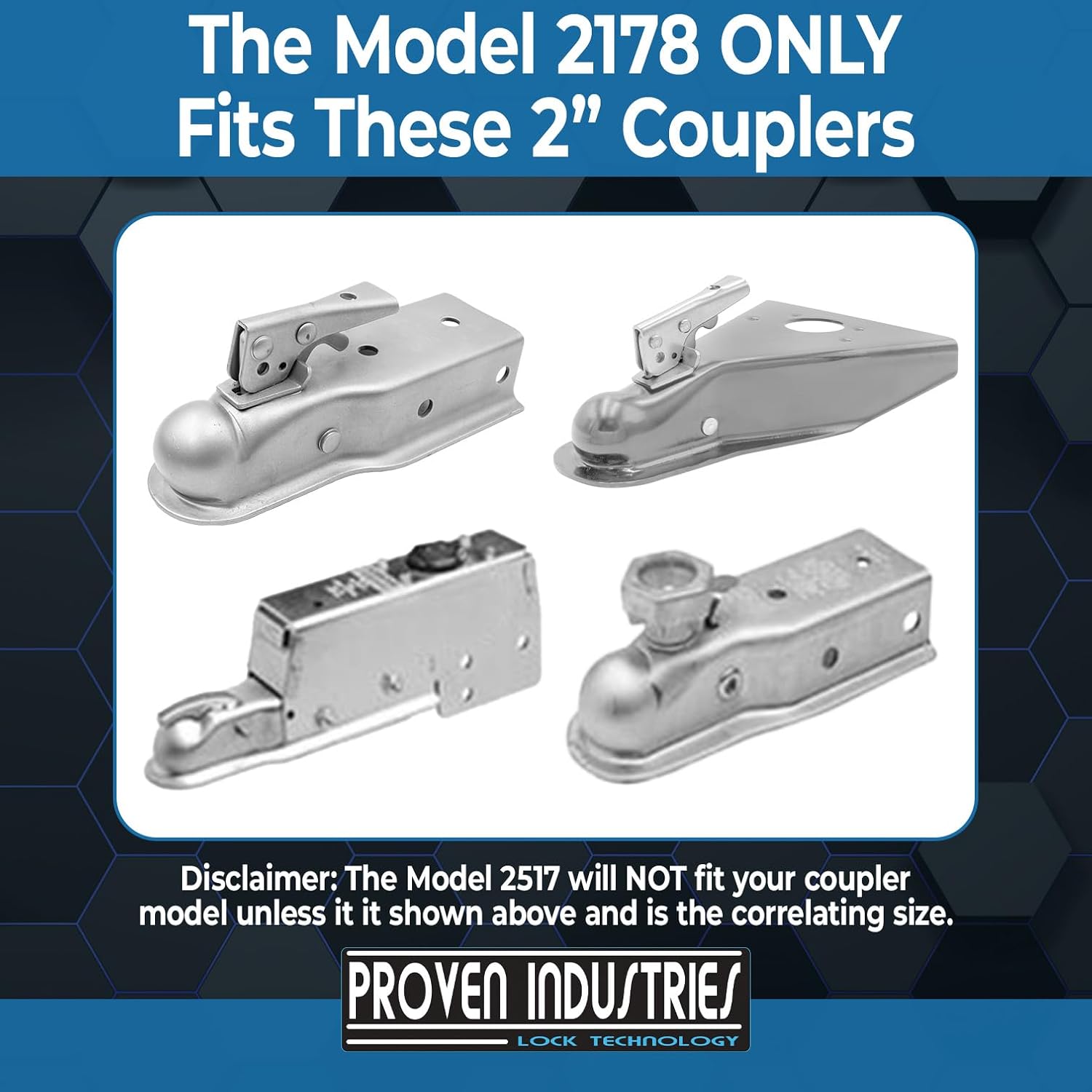 Proven Industries Model 2178 Trailer Lock, Fits 2-Inch Trailer Couplers, Made in the USA (Blue-Square)