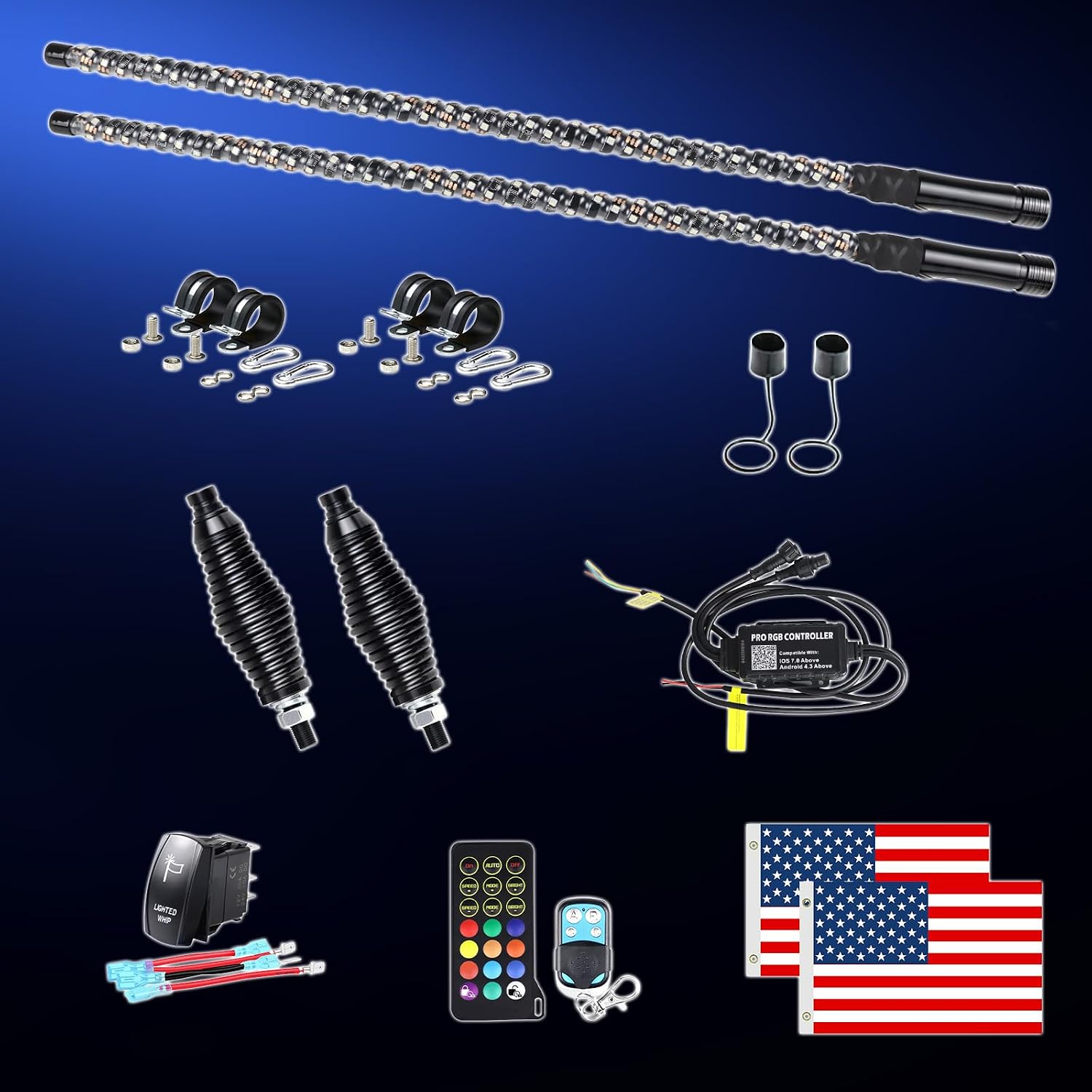 2PCS 3FT Spiral RGB LED Whip Light for UTV, with Spring Base App & RF Wireless Remote Control, Chasing Lighted Antenna Whips for UTV ATV RZR SXS Can-Am Polaris Offroad Truck