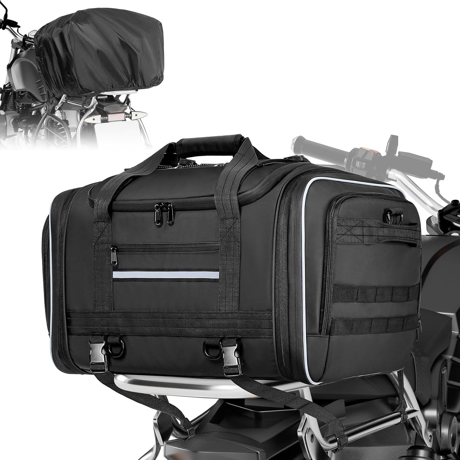 Marscamd Waterproof Motorcycle Tail Luggage Bag, 48L-64L Expandable, a Rain Cover Included, Bag with 4 Rack Mount Straps and Multiple Pockets - Black