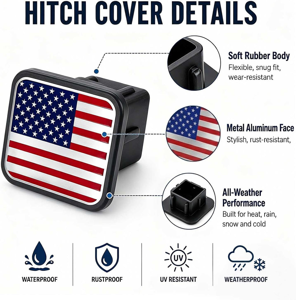 Trailer Hitch Covers American Flag Red, Heavy Duty 2 Inch Hitch Cover for Weather Protection, Rubber and Metal Hitch Receiver Cover Plug Cap for Trucks SUVs and Off-Road Vehicles