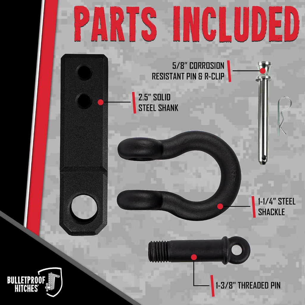 BulletProof Hitches - 2.5" Shackle Hitch Receiver with 36,000 lb. Rating and D-Ring/Clevis - Tow Hitch Shackle for 2.5" Receivers - Extreme Duty, Solid Steel, Black Powder Coat