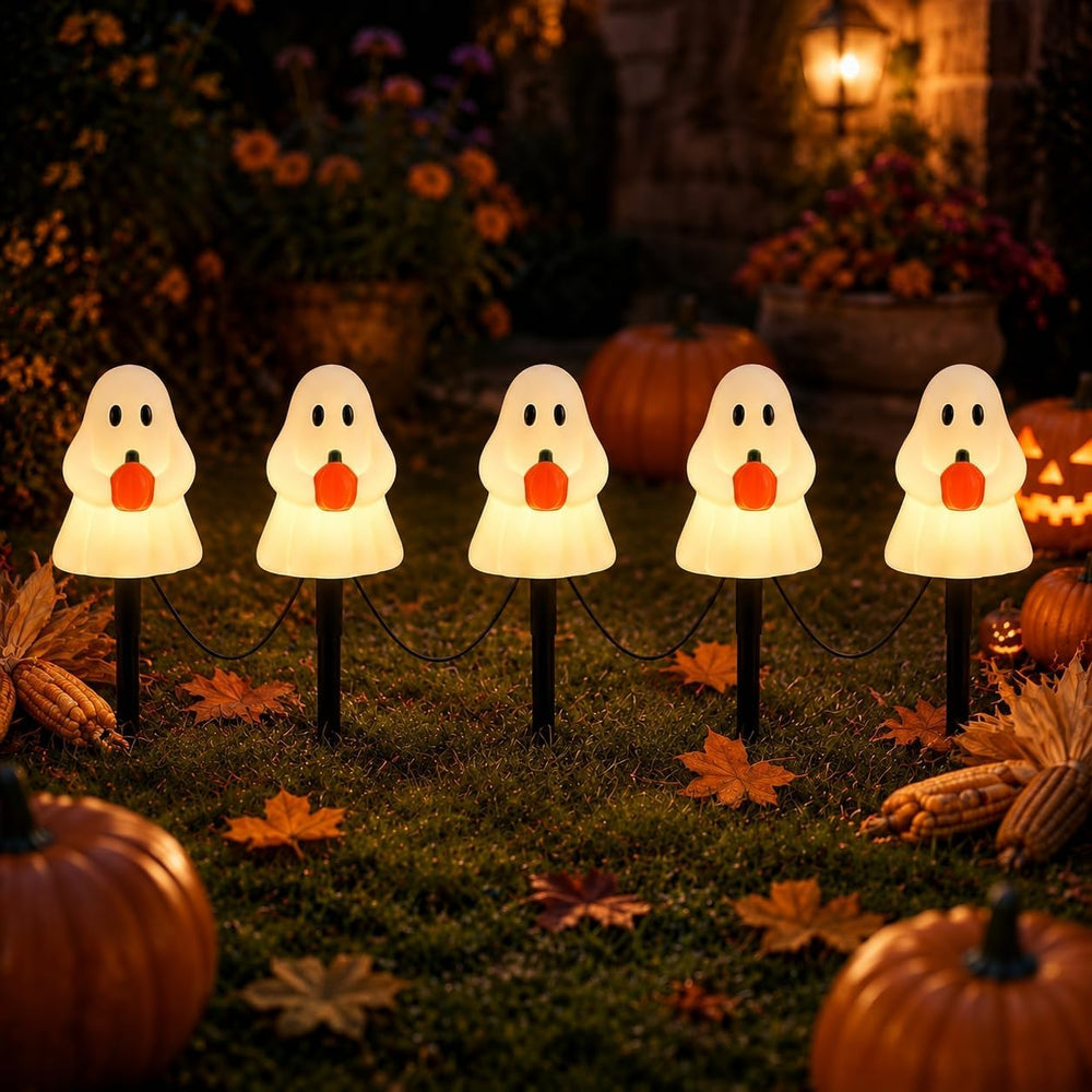 10.5FT Halloween Ghost Pathway Lights, 5 PK Plug in LED Ghost Stake Lights