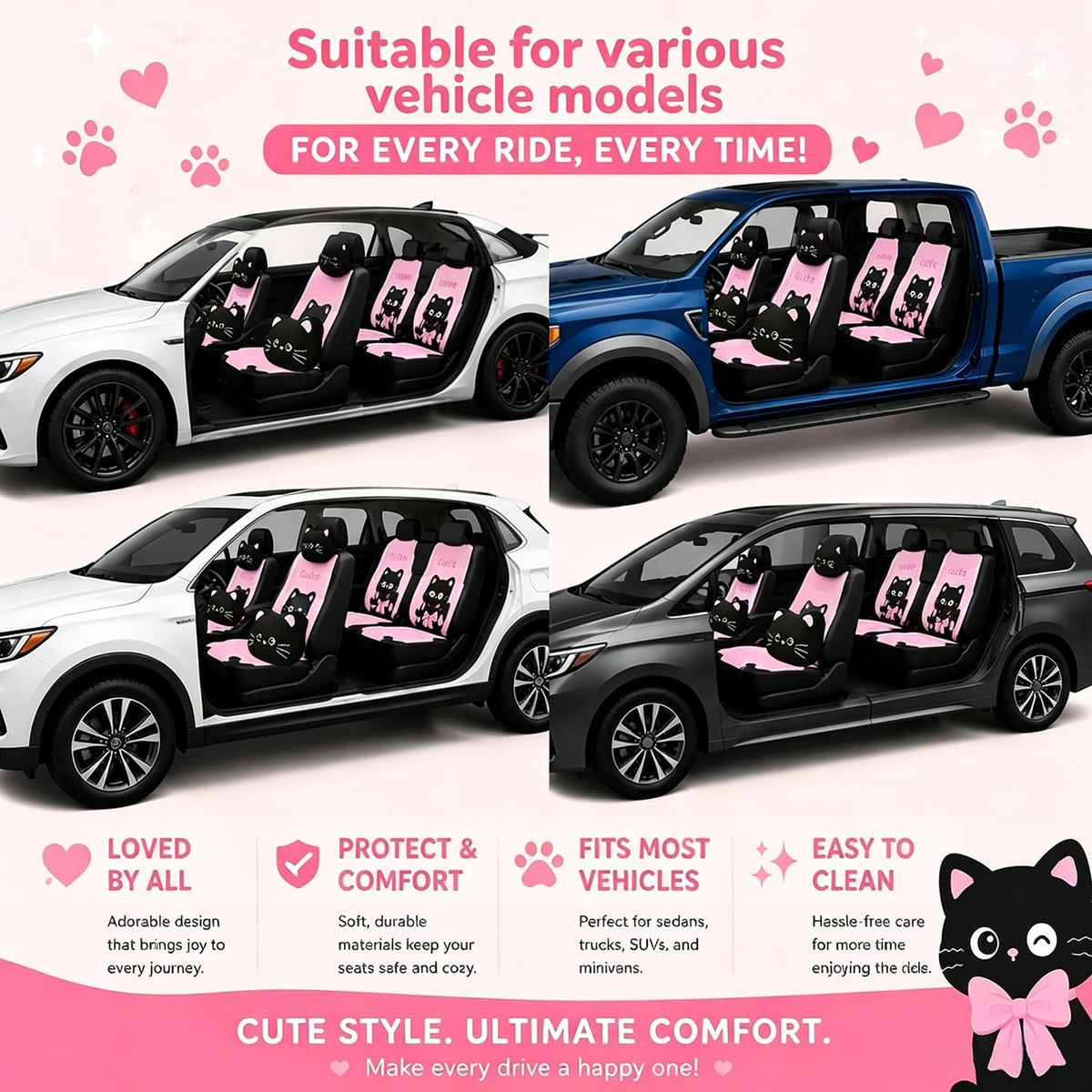cute cat car seat covers for daily commutes, close-up detail
