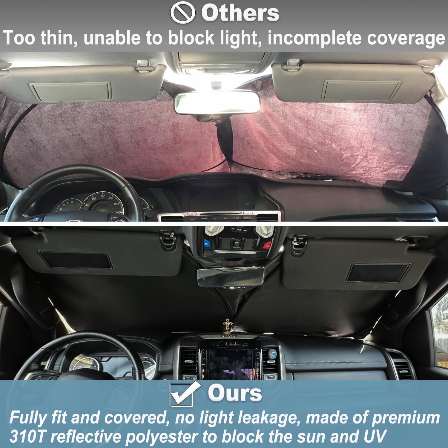 Premium Windshield Sun Shade for 2019-2025 2026 Dodge RAM 1500, Reflective 310T Material Front Window Sun Visor Blocks UV Rays Foldable Sunshade