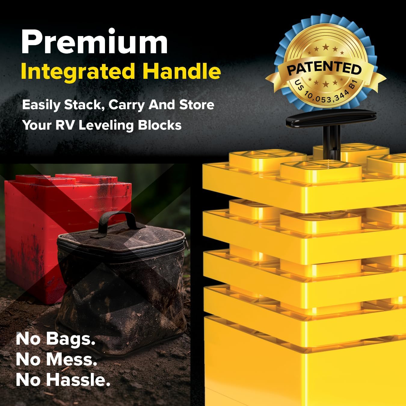 Camco FasTen RV Leveling Blocks - Features Interlocking Design for Customizable Height - Carrying Handle Twists to Secure Blocks for RV Storage - 8.5” x 8.5” x 1”, Yellow, 10-Pack (21022)