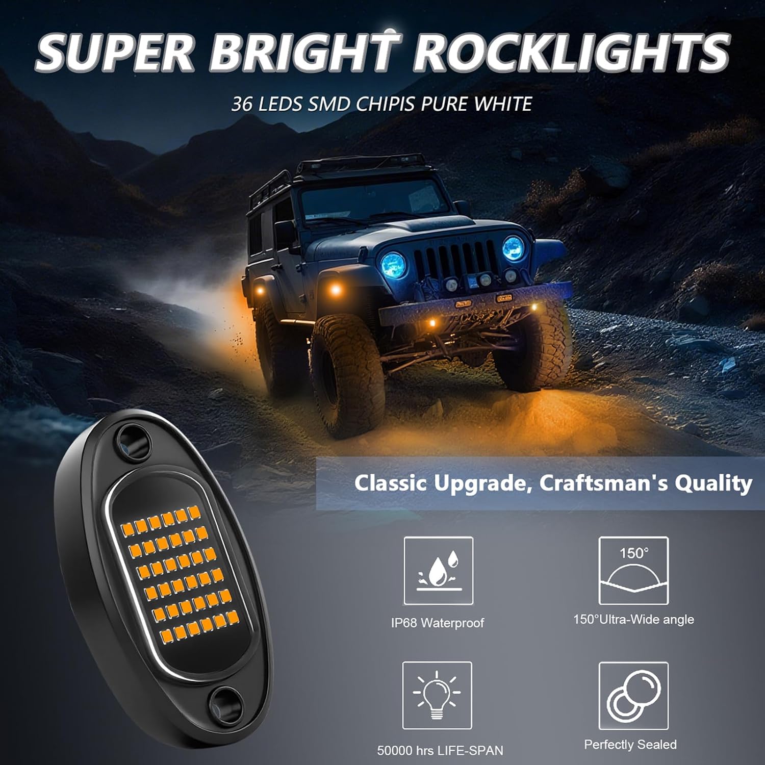 Tomshine 36 LEDs Underglow Lights, 8-Pack Rock Lights with IP68 Water Resistance, Easy Installation for Car Underglow Light, Enhance Style and Safety (Yellow Light)