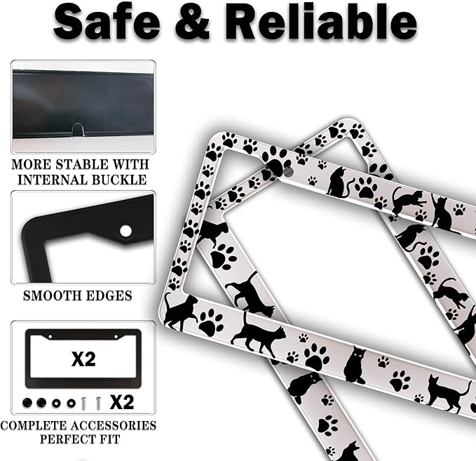 License Plate Frames Black and White License Plate Cover Kitty Cat Pawprints - Image 4