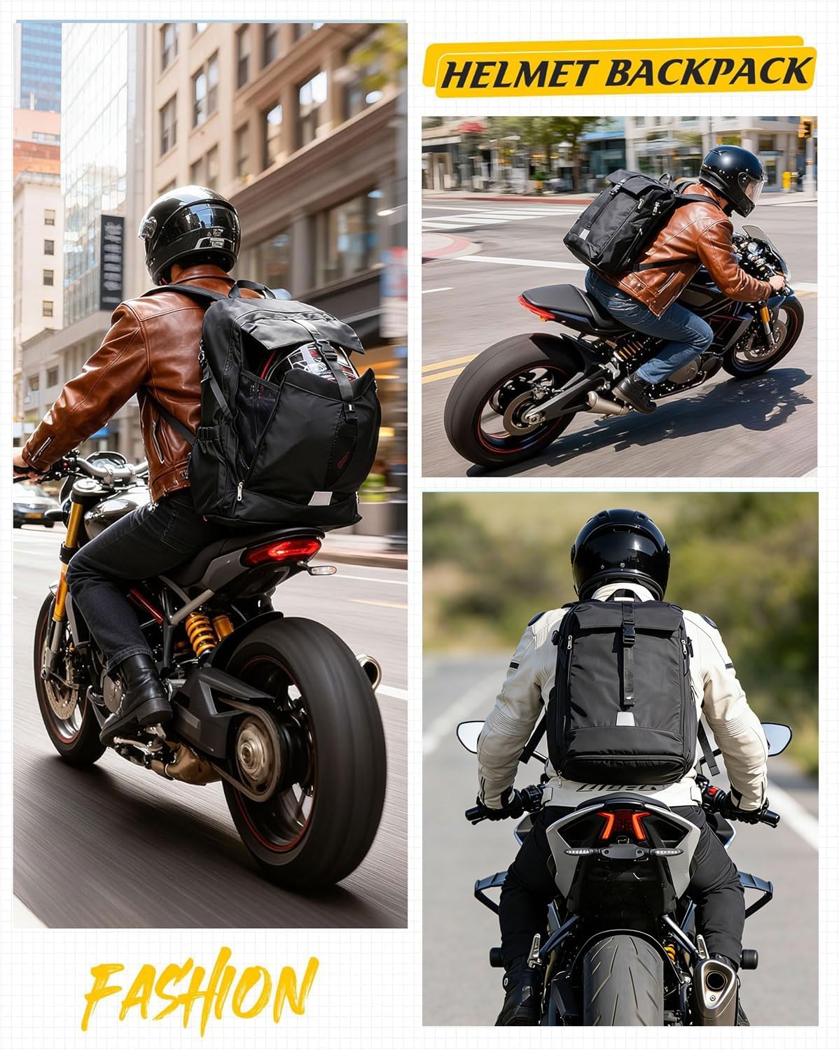 Helmet Backpack for Motorcycle Riders, Waterproof Large Capacity Backpack with Holder, Helmet Bag for Storage Hiking Cycling, Motorcycle Backpacks Motorcycle Riders Accessories for Men Women Black