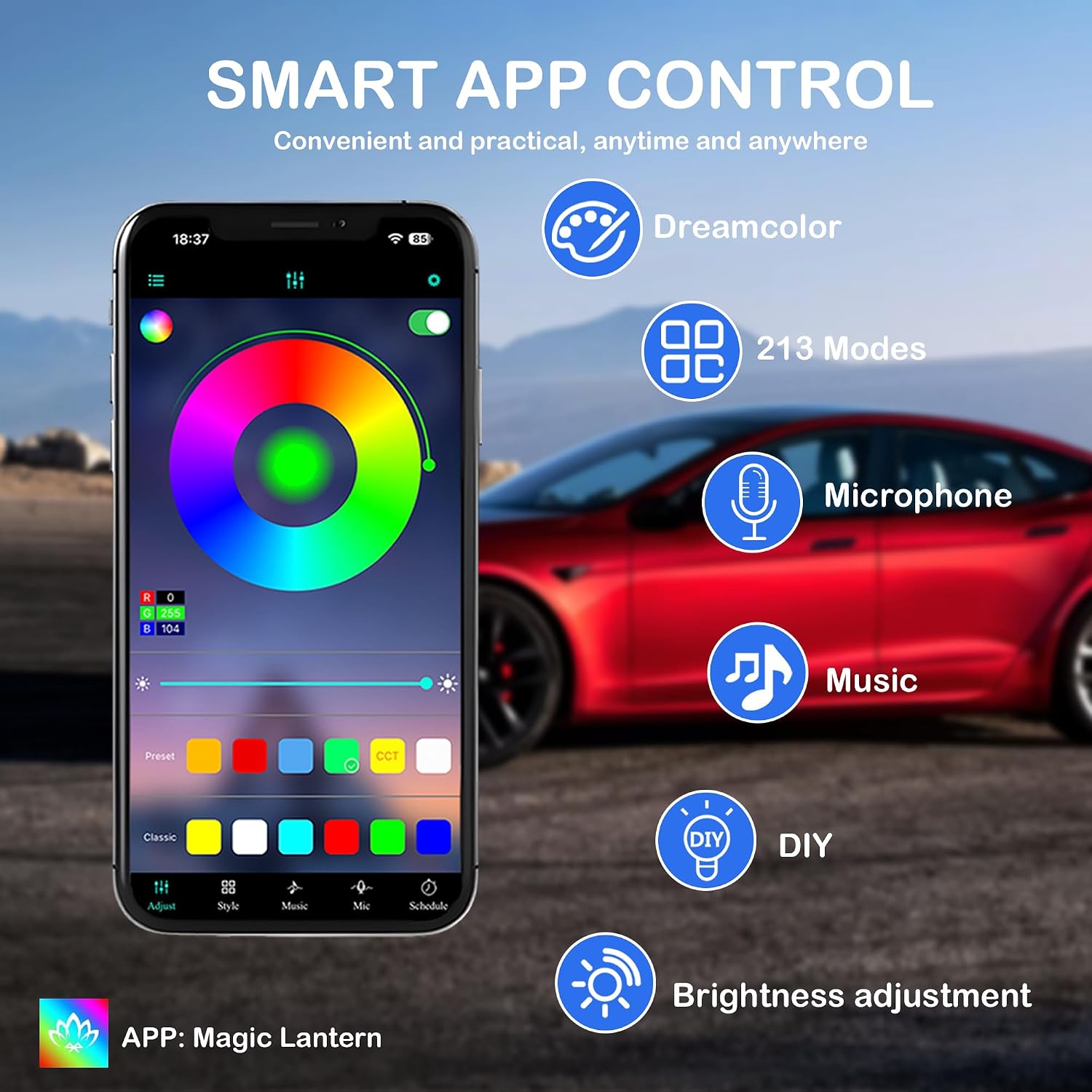 Interior Car LED Strip Lights, RGB 6 in 1 Dynamic Dreamcolor Chasing Acrylic LED Lights for Car, USB Powered Ambient Lighting Kits with Wireless APP, Sound Active Function Car Neon Lights (6 in 1)