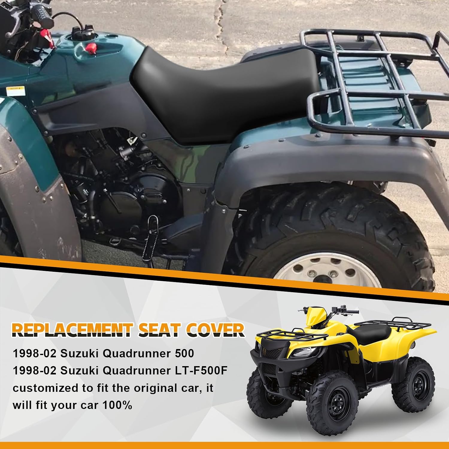 Seat Cover Compatible with 1998-2002 Suzuki Quadrunner 500 LT-F500F, Heavy Duty Leather ATV Seat Cover Replacement, Black