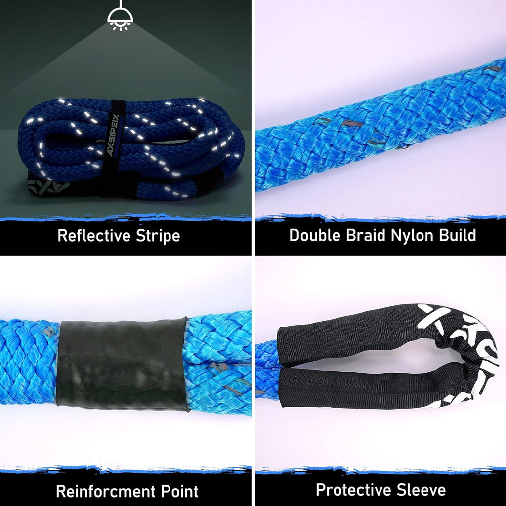 Kinetic Recovery Rope Kit (Reflective), 1.25in x 30ft 56,000Lbs, 35% High Elasticity, w/ 2 Soft Shackles, 18,666Lbs Work Load Limit for 4x4 Offroad Vehicle