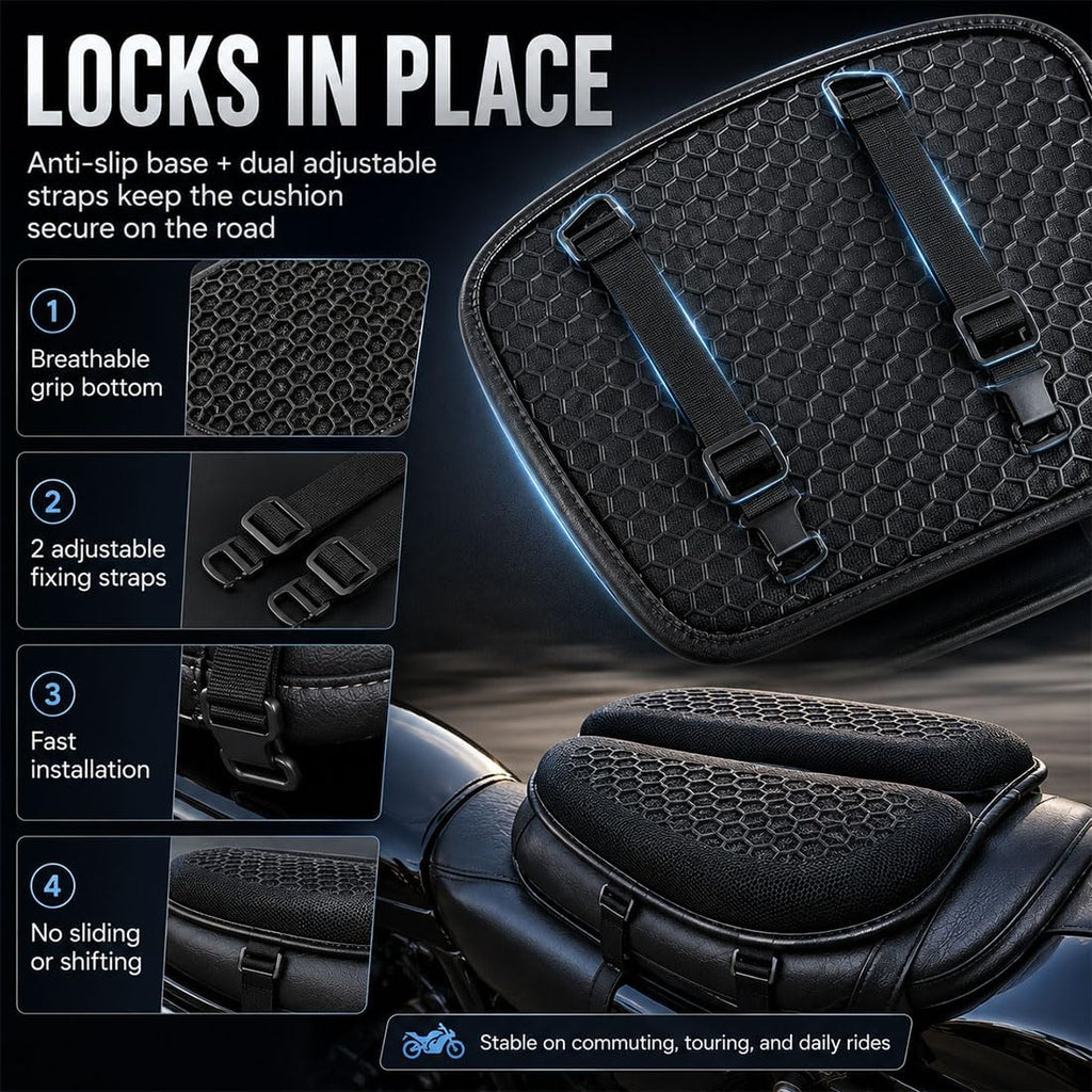 Motorcycle Seat Cushion, 3D Honeycomb Gel Motorcycle Seat Pad for Long Rides, Shock Absorbing Breathable Gel Seat Cushion, Universal Non-Slip Motorcycle Seat Cover with Fixing Straps (Black)