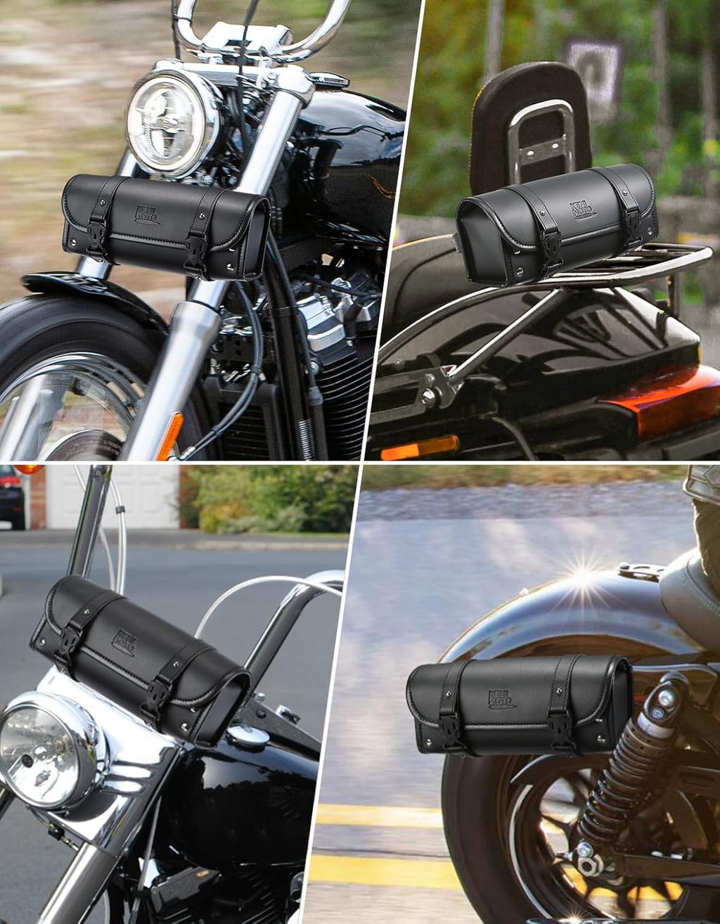 KEMIMOTO Motorcycle Fork Tool Bag Universal PU Leather Roll Bag for Front Fork Handlebar Sissy Bar Storage Pouch Dyna Softail Sportster Scooter