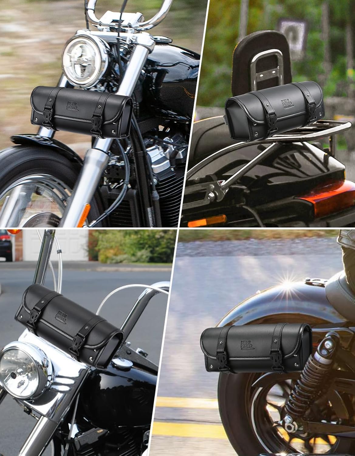KEMIMOTO Motorcycle Fork Tool Bag Universal PU Leather Roll Bag for Front Fork Handlebar Sissy Bar Storage Pouch Dyna Softail Sportster Scooter