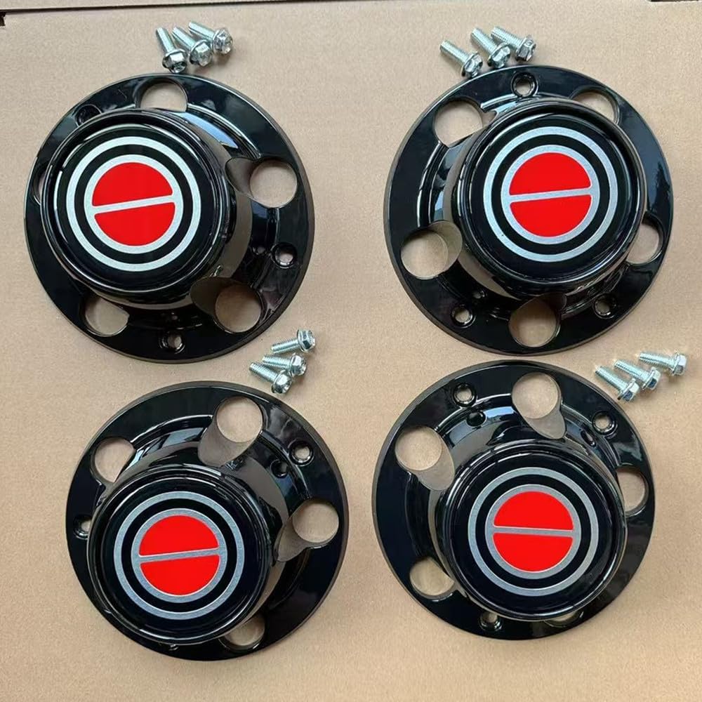 4pcs Gloss Black for 1980-1996 F150 Bronco Van Chrome Wheel Hub Center Caps RED Center (Red)