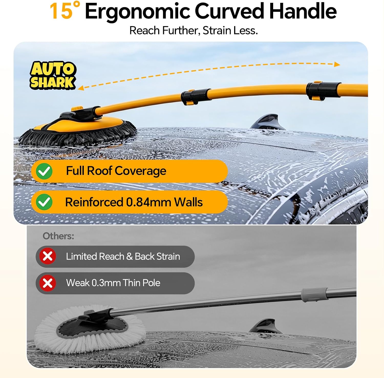 7-in-1 Car Wash Kit with 20L Collapsible Bucket & Brush – Car Wash Mop with Long Handle, 15° Curved Aluminum Pole for SUV Roof, Car Washing Brushes & Cleaning Supplies, RVs-Yellow.